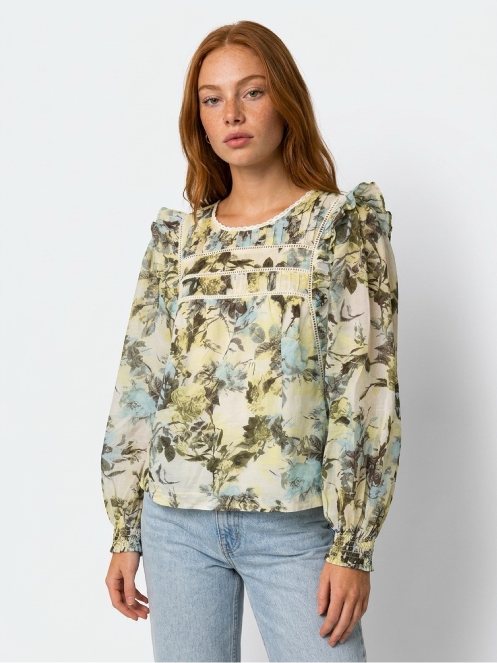 Treasure & Bond Floral Cotton Blouse Lace Trim Ruffled Shoulder Cottagecore M